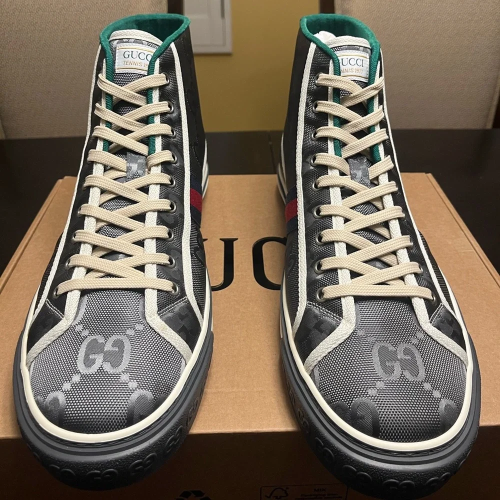 New Gucci Tennis 1977 GG Supreme Logo Gray High Sneaker Shoes UK 13 / US 13.5 - Picture 10 of 16